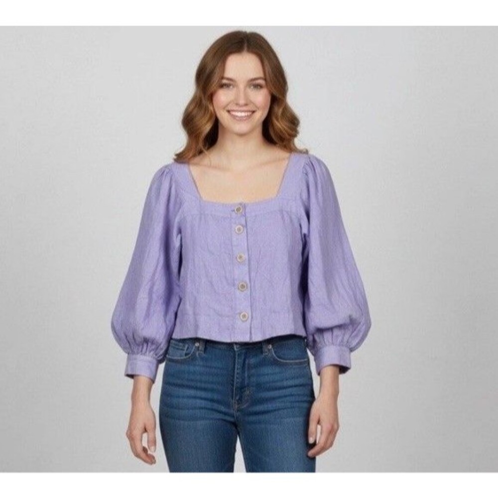 J. Crew Linen Puff Sleeve Square Neck Crop Top Lilac Size S Boho Comfy Beachy
